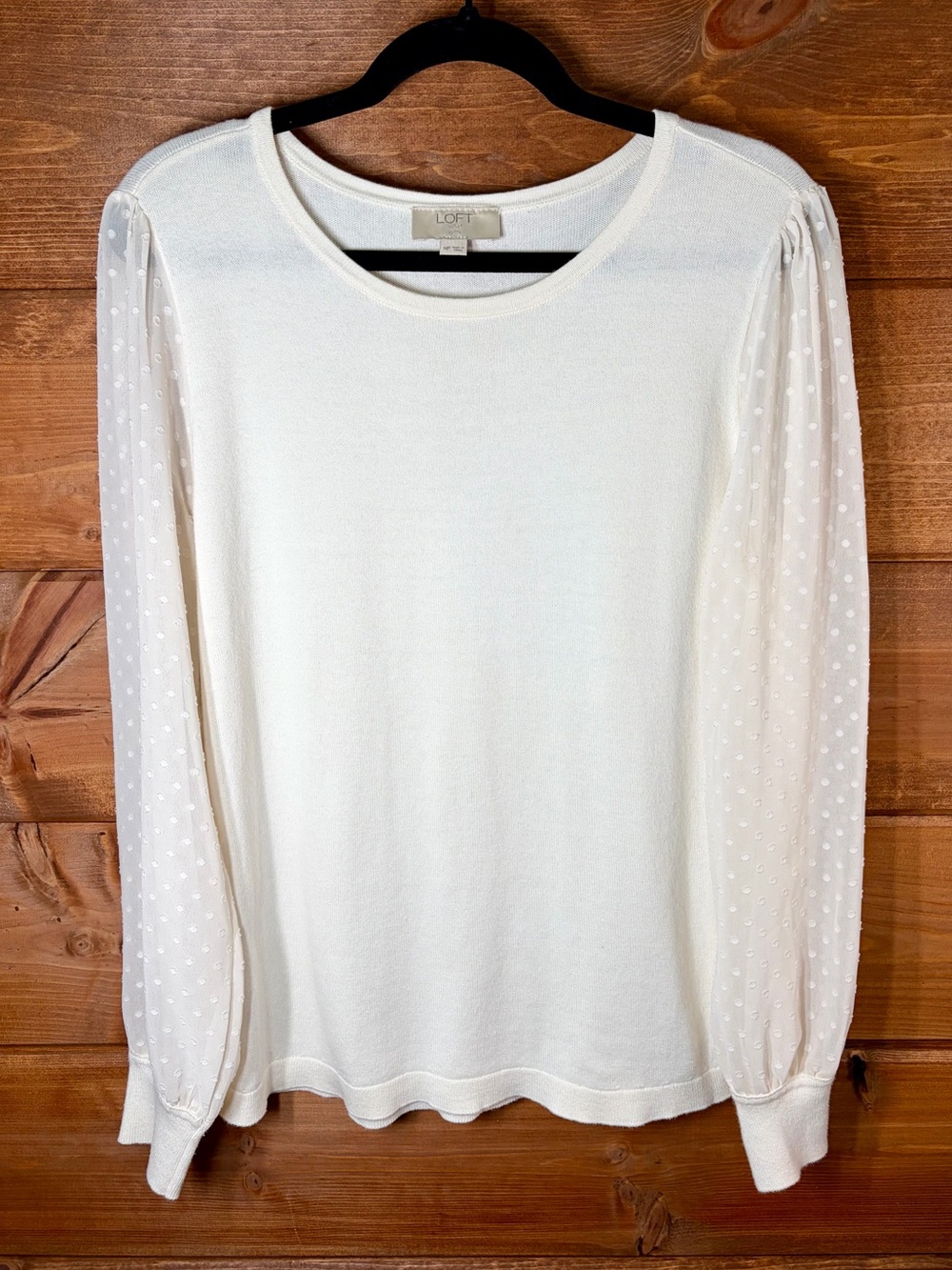 LOFT Cream Dot-Accent Puff Sheer Long Sleeve Crewneck Top Size Medium Petite 🌸
